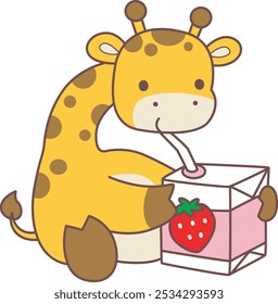 Set Vector Stock Illustrations Isolated of Baby Giraffe.
Cute giraffe animals with various activities.
Funny sticker of Giraffe animal kids.
A baby giraffe drinking a strawberry milk.