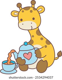 Set Vector Stock Illustrations Isolated of Baby Giraffe.
Cute giraffe animals with various activities.
Funny sticker of Giraffe animal kids.
A baby giraffe pouring a hot tea from teapot into cup