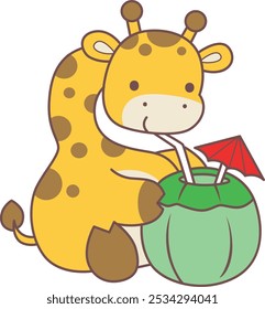 Set Vector Stock Illustrations Isolated of Baby Giraffe.
Cute giraffe animals with various activities.
Funny sticker of Giraffe animal kids.A baby giraffe drinking a coconut