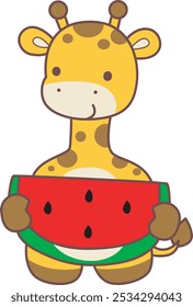 Set Vector Stock Illustrations Isolated of Baby Giraffe.
Cute giraffe animals with various activities.
Funny sticker of Giraffe animal kids.
A baby giraffe bring a watermelon