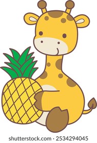 Set Vector Stock Illustrations Isolated of Baby Giraffe.
Cute giraffe animals with various activities.
Funny sticker of Giraffe animal kids.
A giraffe bring a pineapple