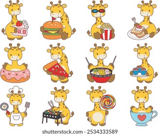 Set Vector Stock Illustrations Isolated of Baby Giraffe.
Cute giraffe animals with various activities.
Variation of food culinary by giraffe. 