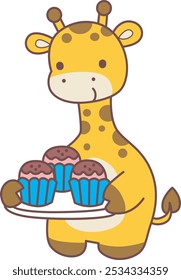 Set Vector Stock Illustrations Isolated of Baby Giraffe.
Cute giraffe animals with various activities.
A giraffe bring a three cupcakes