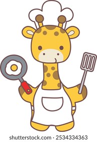 Definir ilustrações de estoque vetorial isoladas de girafa bebê.
Animais de girafa bonitos com várias atividades.
Um bebê girafa como um chef quer cozinhar ovo