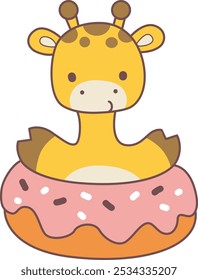 Definir ilustrações de estoque vetorial isoladas de girafa bebê.
Animais de girafa bonitos com várias atividades.
Uma girafa bebê no meio da rosquinha