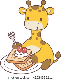 Set Vector Stock Illustrations Isolated of Baby Giraffe.
Cute giraffe animals with various activities.
A giraffe want to eatng strawberry bread