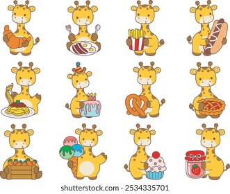 Set Vector Stock Illustrations Isolated of Baby Giraffe.
Cute giraffe animals with various activities.
Baby giraffe with variation of fast food and snack dessert. 