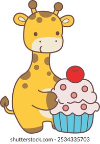 Set Vektor-Stockillustrationen, isoliert von Baby-Giraffe.
Nette Giraffentiere mit verschiedenen Aktivitäten.
Eine Baby-Giraffe bringt einen Cupcake