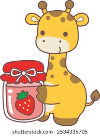 Set Vector Stock Illustrations Isolated of Baby Giraffe.
Cute giraffe animals with various activities.
A baby giraffe bring a strawberry jam