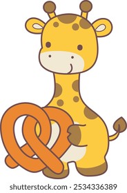 Set Vektor-Stockillustrationen, isoliert von Baby-Giraffe.
Nette Giraffentiere mit verschiedenen Aktivitäten.
Eine Baby-Giraffe bringen eine Brezel