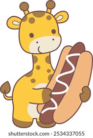 Set Vector Stock Illustrations Isolated of Baby Giraffe.
Cute giraffe animals with various activities.
A giraffe want to eating hot dog