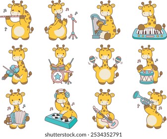 Set Vector Stock Illustrations Isolated of Baby Giraffe.
Cute giraffe animals with various activities.
Variation music instrument of baby giraffe