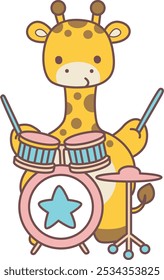 Set Vector Stock Illustrations Isolated of Baby Giraffe.
Cute giraffe animals with various activities.
A baby giraffe playing a drum band