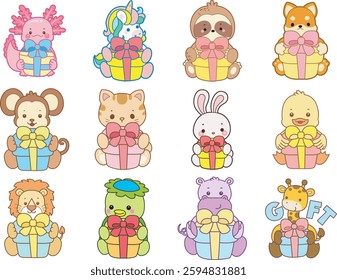 Set Vector Stock Illustrations Isolated of Baby Animals.
Cute animals with various activities.
Funny sticker of animal kids.
Baby animals bring a gift box