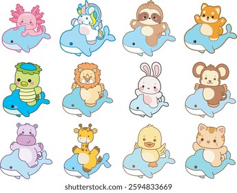 Set Vector Stock Illustrations Isolated of Baby Animals.
Cute animals with various activities.
Funny sticker of animal kids.
Animals riding a shark