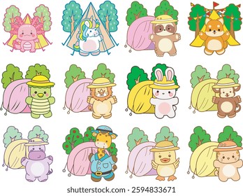 Set Vector Stock Illustrations Isolated of Baby Animals.
Cute animals with various activities.
Funny sticker of animal kids.
Baby animals camping with tent in the jungle