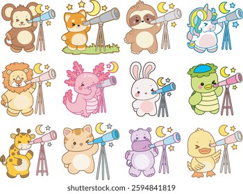 Set Vector Stock Illustrations Isolated of Baby Animals.
Cute animals with various activities.
Funny sticker of animal kids.
Baby animals see the moon and stars with telescope