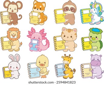 Set Vector Stock Illustrations Isolated of Baby Animals.
Cute animals with various activities.
Funny sticker of animal kids.
Funny animals bring a notebook