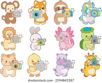 Set Vector Stock Illustrations Isolated of Baby Animals.
Cute animals with various activities.
Funny sticker of animal kids.
Baby animals bring a camera