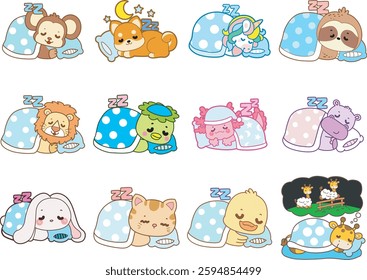 Set Vector Stock Illustrations Isolated of Baby Animals.
Cute animals with various activities.
Funny sticker of animal kids.
animals was sleeping