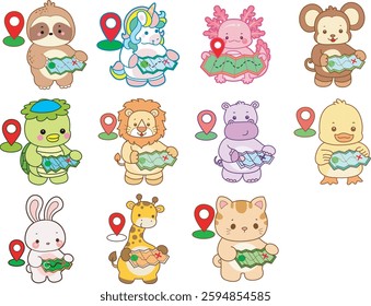Set Vector Stock Illustrations Isolated of Baby Animals.
Cute animals with various activities.
Funny sticker of animal kids.
animals bring a map and finding location
