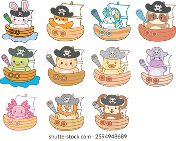 Set Vector Stock Illustrations Isolated of Baby Animals.
Cute animals with various activities.
Funny sticker of animal kids.
baby animals with pirates costume