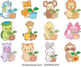 Set Vector Stock Illustrations Isolated of Baby Animals.
Cute animals with various activities.
Funny sticker of animal kids.
funny animals bring a pot of plants