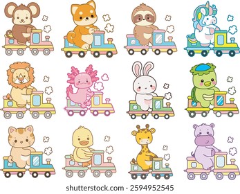 Set Vector Stock Illustrations Isolated of Baby Animals.
Cute animals with various activities.
Funny sticker of animal kids.
animals playing a train
