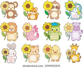 Set Vector Stock Illustrations Isolated of Baby Animals.
Cute animals with various activities.
Funny sticker of animal kids.
baby animals bring a sun flower
