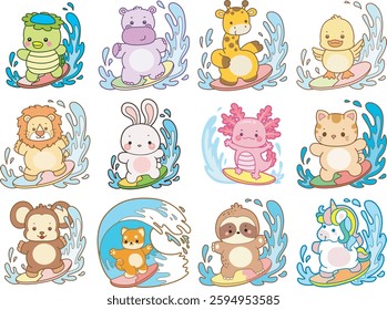 Set Vector Stock Illustrations Isolated of Baby Animals.
Cute animals with various activities.
Funny sticker of animal kids.
baby animals playing a surfing
