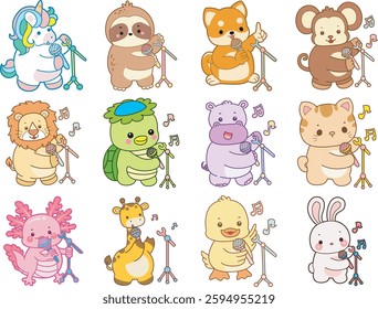 Set Vector Stock Illustrations Isolated of Baby Animals.
Cute animals with various activities.
Funny sticker of animal kids.
baby animals sing a song with microphone
