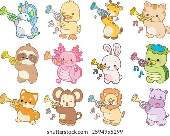 Set Vector Stock Illustrations Isolated of Baby Animals.
Cute animals with various activities.
Funny sticker of animal kids.
baby animals playing a trumpet
