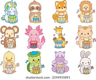 Set Vector Stock Illustrations Isolated of Baby Animals.
Cute animals with various activities.
Funny sticker of animal kids.
baby animals playing a drum in the carnival
