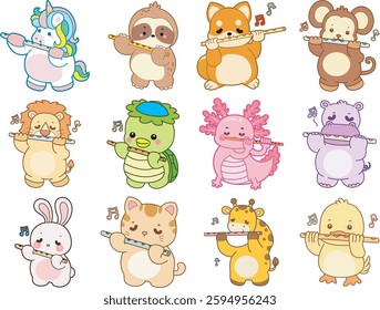 Set Vector Stock Illustrations Isolated of Baby Animals.
Cute animals with various activities.
Funny sticker of animal kids.
baby animals playing a flute
