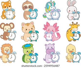 Set Vector Stock Illustrations Isolated of Baby Animals.
Cute animals with various activities.
Funny sticker of animal kids.
baby animals bring a clock
