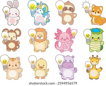 Set Vector Stock Illustrations Isolated of Baby Animals.
Cute animals with various activities.
Funny sticker of animal kids.
baby animals bring a lamp
