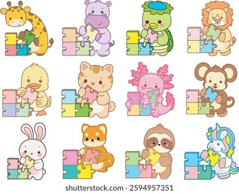 Set Vector Stock Illustrations Isolated of Baby Animals.
Cute animals with various activities.
Funny sticker of animal kids.
baby animals playing a puzzle
