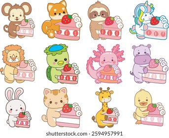 Set Vector Stock Illustrations Isolated of Baby Animals.
Cute animals with various activities.
Funny sticker of animal kids.
baby animals bring a strawberry cake
