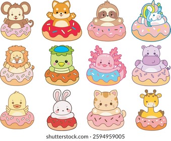 Set Vector Stock Illustrations Isolated of Baby Animals.
Cute animals with various activities.
Funny sticker of animal kids.
baby animals stuck in the middle of doughnut
