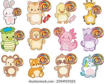 Set Vector Stock Illustrations Isolated of Baby Animals.
Cute animals with various activities.
Funny sticker of animal kids.
baby animals bring a lollipop
