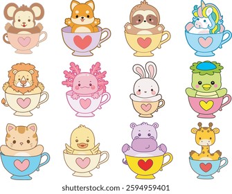 Set Vector Stock Illustrations Isolated of Baby Animals.
Cute animals with various activities.
Funny sticker of animal kids.
baby animals stuck in the cup of tea
