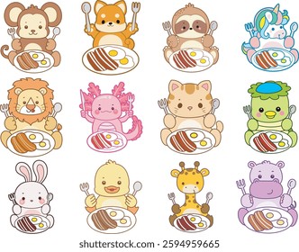 Set Vector Stock Illustrations Isolated of Baby Animals.
Cute animals with various activities.
Funny sticker of animal kids.
animals Want to eating bacon and eggs
