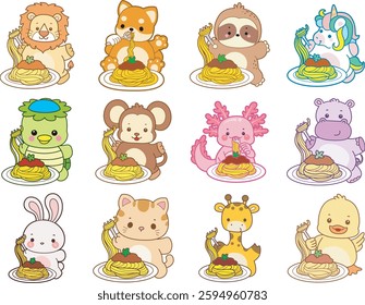 Set Vector Stock Illustrations Isolated of Baby animals.
Cute animals with various activities.
Funny sticker of animal kids.
animals want to eating spaghetti
