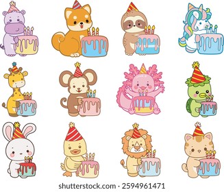 Set Vector Stock Illustrations Isolated of Baby animals.
Cute animals with various activities.
Funny sticker of animal kids.
baby animals bring a birthday cake
