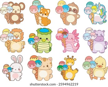 Set Vector Stock Illustrations Isolated of Baby animals.
Cute animals with various activities.
Funny sticker of animal kids.
baby animals bring an ice cream