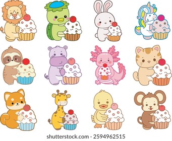 Set Vector Stock Illustrations Isolated of Baby animals.
Cute animals with various activities.
Funny sticker of animal kids.
baby animals bring a cupcakes
 