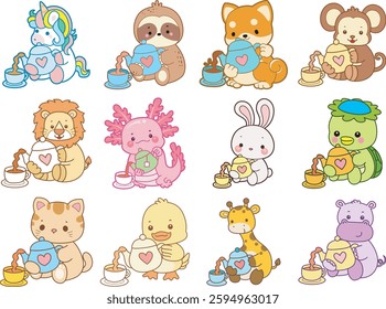 Set Vector Stock Illustrations Isolated of Baby animals.
Cute animals with various activities.
Funny sticker of animal kids.
baby animals pouring a tea