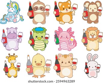 Set Vector Stock Illustrations Isolated of Baby animals.
Cute animals with various activities.
Funny sticker of animal kids.
baby animals bring a cup of beer