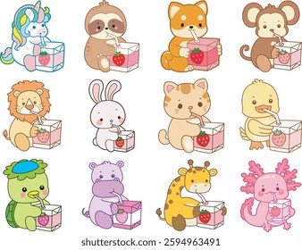 Set Vector Stock Illustrations Isolated of Baby animals.
Cute animals with various activities.
Funny sticker of animal kids.
baby animals drink a strawberry milk
