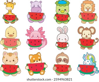 Set Vector Stock Illustrations Isolated of Baby animals.
Cute animals with various activities.
Funny sticker of animal kids.
baby animals bring a watermelon
